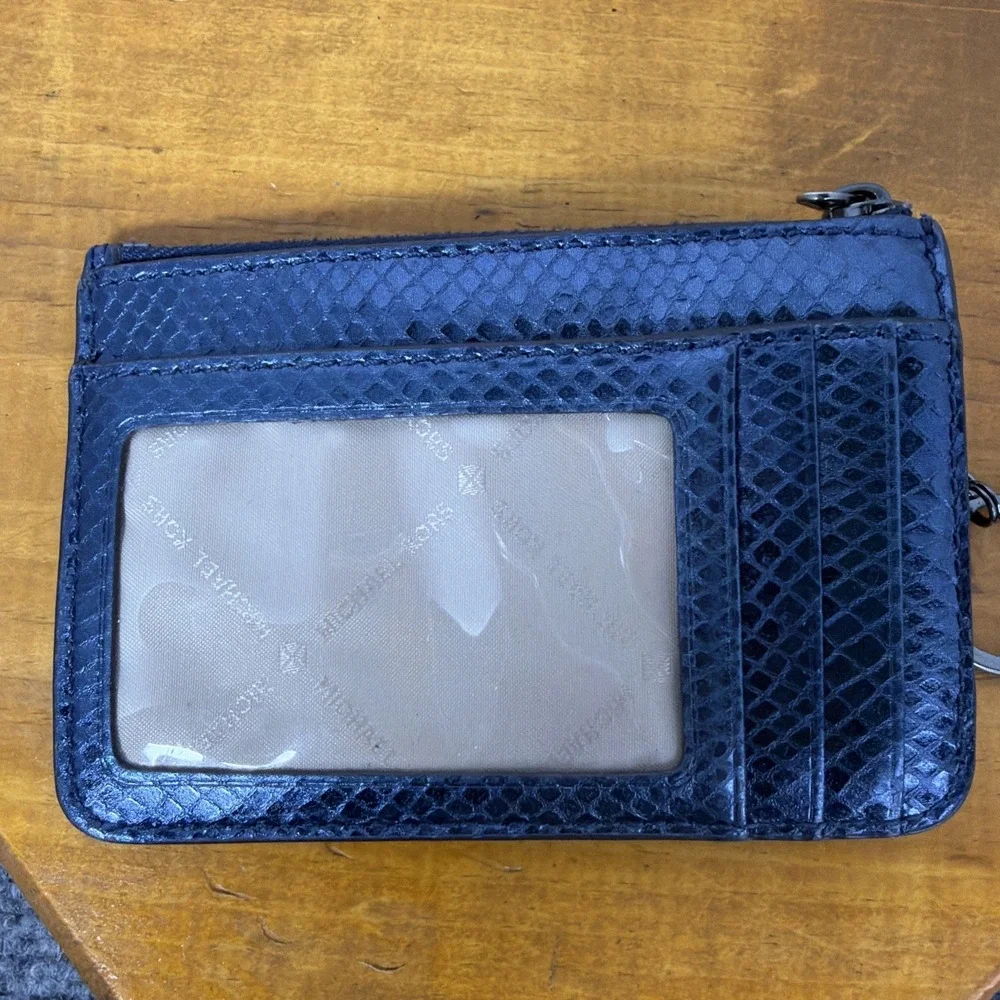 Michael Kors Python Embossed Zip Card Case Coin Pouch Key Ring Blue Snake Print